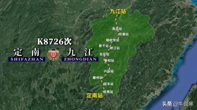 ​K8726次列车运行线路图：江西境内由定南开往九江，全程695公里