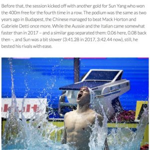 ​霍顿拒与孙杨同上领奖台，国际泳联暂未回应